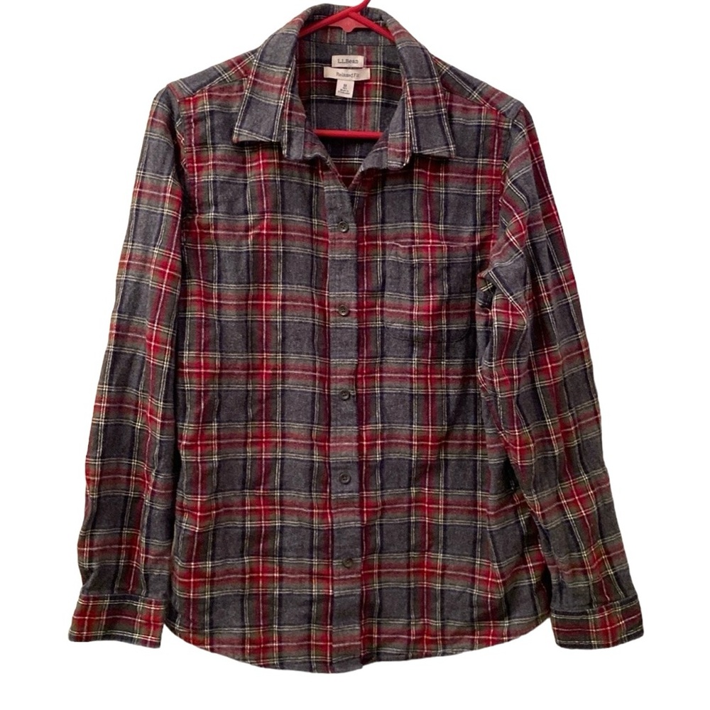 L.L. Bean Plaid Flannel Shirt 100% Cotton Grey Burgundy Green White Mens SZ M